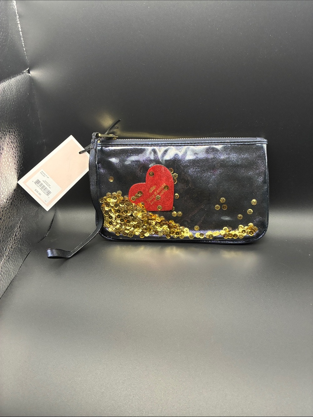 Juicy Couture Black Wristlet Clutch with Red Heart and Gold Sequin Accent